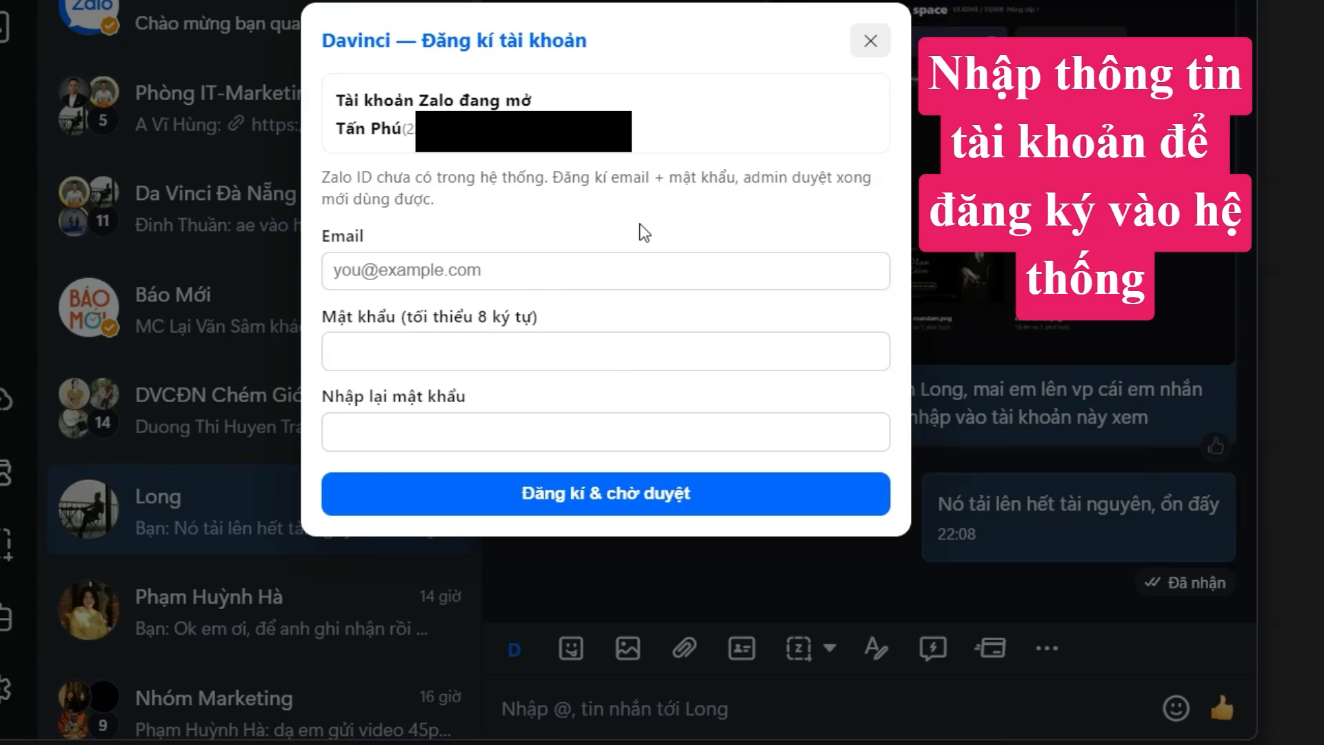 Màn hình đăng ký tài khoản Davinci